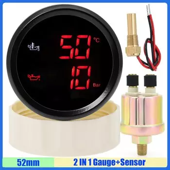 Зеленый, красный светодиодный цифровой датчик температуры масла 2 в 1 + манометр масла, манометр 52 мм с датчиком датчика температуры масла для автомобиля, лодки на заказ