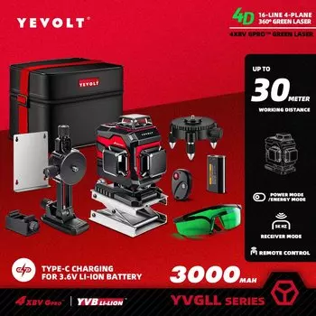 Зеленый лазерный уровень YEVOLT YVGLL4XS 3/4-плоскостной