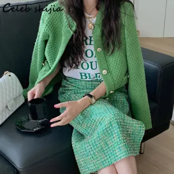 Зеленый шерстяной свитер, женский весенний шикарный вязаный кардиган, женский модный однобортный укороченный свитер в Корейском стиле, уличная одежда