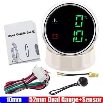 Зеленый светодиод 2 в 1, двойной манометр 40-120 104-248 52 мм измеритель температуры воды + вольтметр с датчиком для лодки, автомобиля, яхты 12 В 24 В на заказ
