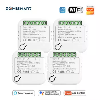 Zemismart, 4 шт., WiFi светильник, переключатель, умный релейный выключатель, модуль, поддерживает 2 пути, Tuya BLE App Alexa Google Home, Голосовое управление