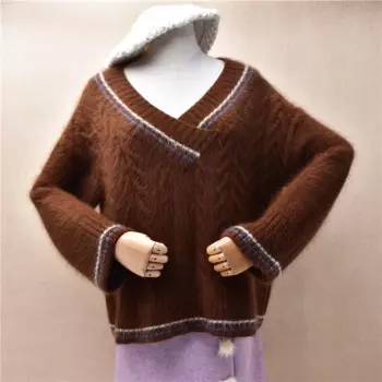 Жінки Mujer Осінньо-зимовий одяг Волохата ангорська кроляча шерсть В'язаний V-подібний виріз Довгі рукави Вільний пуловер Светр Джемпер Pull Tops