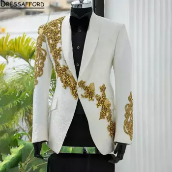 Жаккардовая одежда для жениха, белая официальная мужская одежда с аппликацией, бисером и кристаллами, комплект из 2 предметов, пиджак и брюки, деловой пиджак в стиле смарт-кэжуал
