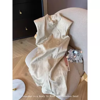 Жаккардовое платье-Ципао без рукавов, на пуговицах, Y2k