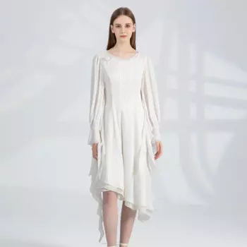 Жаккардовое шелковое платье с круглым вырезом, трехмерное женское платье с длинными рукавами, асимметричное многослойное платье AY256