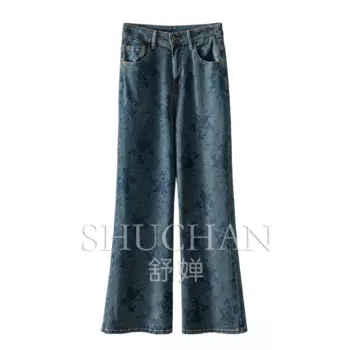 Жаккардовые джинсовые французские длинные брюки в стиле ретро с высокой талией, женские брюки из 74.5% хлопка