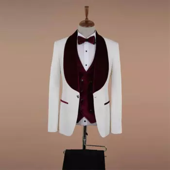 Жаккардовый смокинг с цветочным рисунком для мужчин, облегающий Свадебный костюм, бархатная белая куртка для джентльмена с жилетом и брюками, мужской костюм из 3 предметов