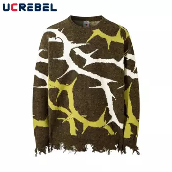 Жаккардовый свитер с шипами, мужской уличный осенне-зимний свободный вязаный пуловер с круглым вырезом и длинными рукавами, мужской пуловер с круглым вырезом