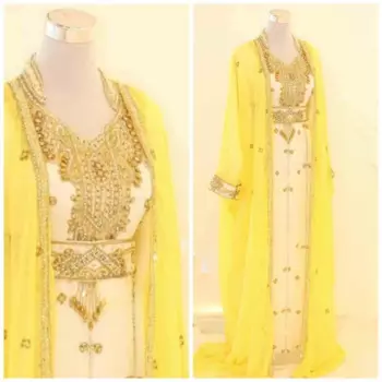 Желто-белое Элегантное Длинное Платье из Дубая в марокканском стиле