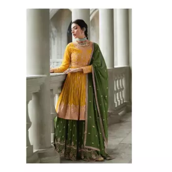 Желто-зеленый дизайнерский костюм Anarkali Lengha Kameez, пакистанский Рамадан