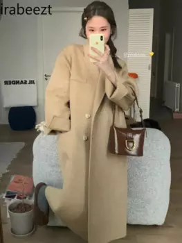 Желтое шерстяное Двустороннее пальто, женское осенне-зимнее длинное пальто, Корейская версия силуэта, Длинная женская куртка