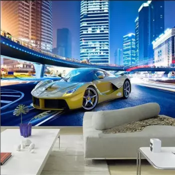 Желтый автомобиль, город, ночной пейзаж, 3D настенная роспись, обои, современная личность, ресторан, клубы, КТВ, бар, интерьерный декор, фон
