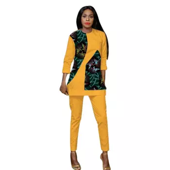 Желтый женский костюм Naija, африканская мода, топы с рукавом 3/4 и брюки, Женский костюм из Анкары, рубашки + брюки