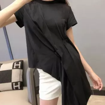 Женская Асимметричная хлопковая футболка, черно-белая плиссированная футболка с коротким рукавом, лето 2022