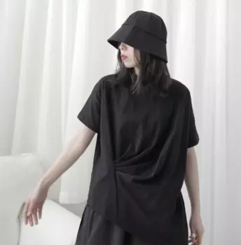 Женская Асимметричная плиссированная футболка, однотонная летняя футболка с коротким рукавом и круглым вырезом