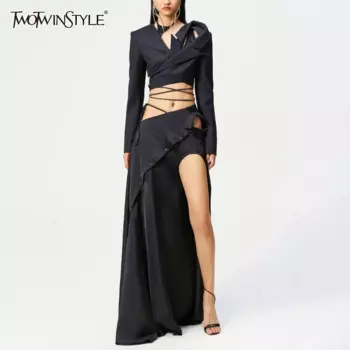 Женская Асимметричная юбка TWOTWINSTYLE, однотонная ажурная юбка с высокой талией и разрезом, на пуговицах, KSK502452