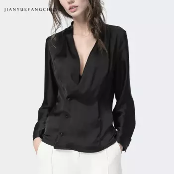 Женская атласная блузка с V-образным вырезом и длинным рукавом