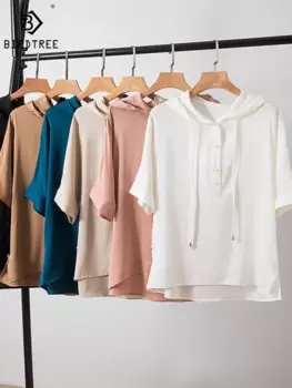 Женская атласная футболка с капюшоном Birdtree, однотонная сатиновая толстовка с капюшоном, весна-осень 93%, T38648QM