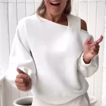 Женская ажурная футболка с открытыми плечами, элегантный простой однотонный топ с длинным рукавом, офисный свободный джемпер для осени и зимы