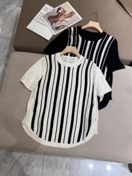 Женская ажурная футболка в полоску, Повседневная модная шелковая шерстяная футболка с круглым вырезом и коротким рукавом, топы