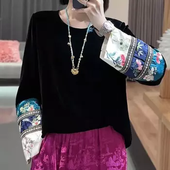 Женская бархатная футболка с длинным рукавом, с вышивкой