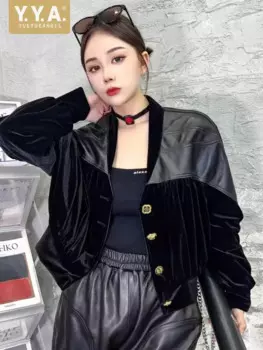 Женская бархатная Лоскутная куртка из натуральной овечьей кожи, однобортная свободная повседневная куртка-бомбер, винтажная верхняя одежда, пальто