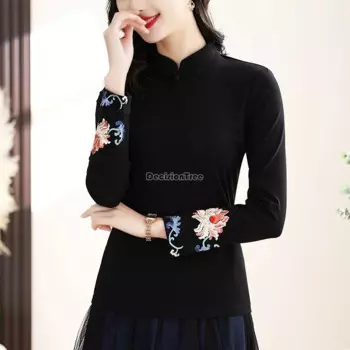 Женская Базовая Блузка с вышивкой в китайском стиле, новинка весны 2024, китайский Ретро Топ в стиле Ципао с воротником-стойкой, футболка с длинным рукавом w255