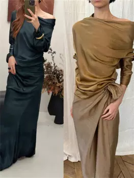 Женская Блестящая атласная плиссированная футболка с открытыми плечами и длинным рукавом