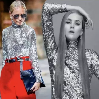 Женская Блестящая Серебристая футболка с круглым вырезом и длинным рукавом