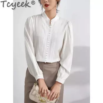 Женская блузка из натурального шелка Tcyeek, белая кружевная блузка с длинным рукавом, весна 95%