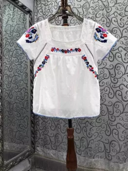 Женская блузка с цветочной вышивкой, элегантная белая блузка с коротким рукавом, лето 2024