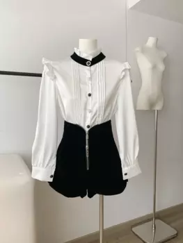 Женская блузка с длинным рукавом, белая однотонная блузка с длинным рукавом, осень 2023