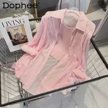 Женская блузка с длинным рукавом, в тонкую полоску