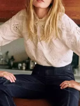 Женская блузка с длинными пышными рукавами и трехмерной вышивкой, осень 2024, белая женская хлопковая рубашка с вырезом воротником-стойкой