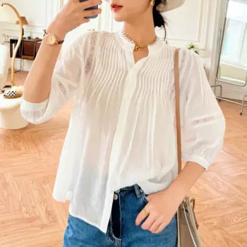 Женская блузка с рукавом до локтя, белая плиссированная блузка с рукавом до локтя