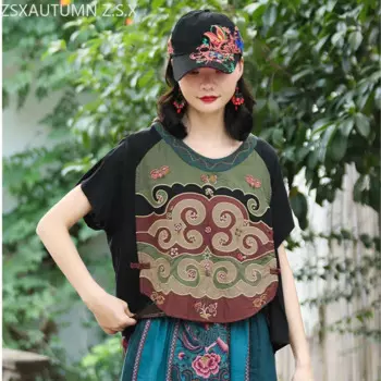 Женская блузка с вышивкой в китайском этническом стиле, хлопковая льняная Винтажная летняя рубашка в стиле Харадзюку, элегантная Свободная Женская футболка с коротким рукавом
