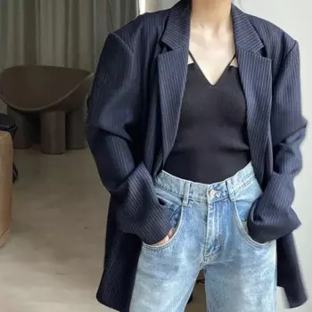 Женская демисезонная Повседневная Свободная куртка в полоску с карманами