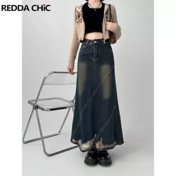 Женская длинная джинсовая юбка REDDACHiC, голубая винтажная юбка-макси из денима с вырезами, модель Y2k