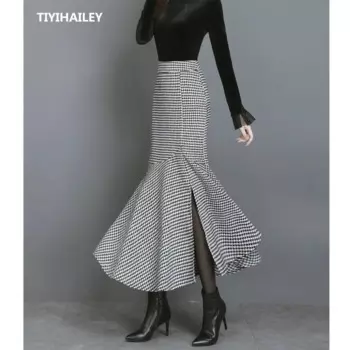 Женская Длинная шерстяная юбка-макси TIYIHAILEY, черная клетчатая юбка в стиле русалки с рыбьим хвостом, большие размеры, бесплатная доставка