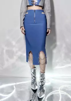 Женская длинная юбка в стиле Харадзюку, синяя ажурная юбка с цепочкой, модная уличная юбка с высокой талией в стиле панк на осень