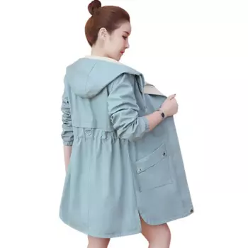 Женская Длинная ветровка на молнии, с капюшоном