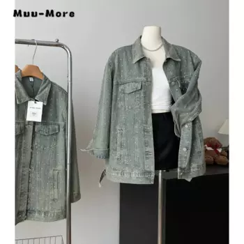 Женская джинсовая куртка, голубая Повседневная мешковатая куртка в американском стиле ретро, винтажная Свободная джинсовая куртка Y2K для осени и зимы, 2023