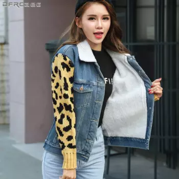 Женская джинсовая куртка Harajuku, вязаный свитер в стиле пэчворк с рукавами, с подкладкой из овечьей шерсти, Утепленное зимнее пальто, облегающая модная куртка, джинсы
