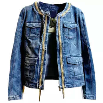 Женская джинсовая куртка, короткая приталенная джинсовая куртка с цепочкой, весна 2023