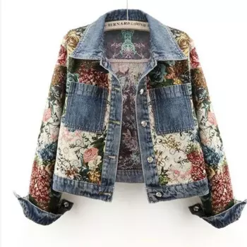 Женская джинсовая куртка с большими карманами, модная жаккардовая приталенная короткая ковбойская верхняя одежда с вышивкой, джинсовая куртка с принтом