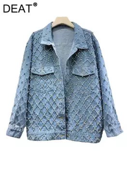 Женская джинсовая куртка с длинным рукавом DEAT, синяя Потертая джинсовая куртка с бриллиантами, осень 2024, 29L7709
