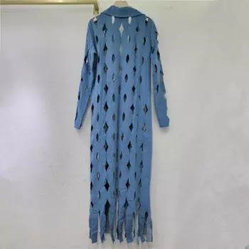 Женская джинсовая куртка с длинным рукавом, синяя свободная Повседневная Длинная джинсовая куртка с бахромой, осень 2024