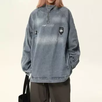 Женская джинсовая куртка с капюшоном, с круглым вырезом