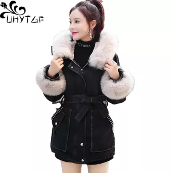 Женская джинсовая куртка с капюшоном UHYTGF, толстая флисовая Повседневная Верхняя одежда большого размера, качественная джинсовая куртка из овечьей шерсти на осень-зиму 1147