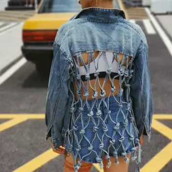Женская джинсовая куртка с лямкой на шее, Повседневная Свободная джинсовая куртка с бахромой, осень 2023